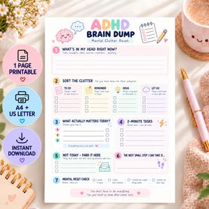 ADHD Brain Dump Printable, Brain Dump Worksheet, Mental Clutter Reset, ADHD Planner Page for Adults, Thought Organizer, Focus & Priority PDF