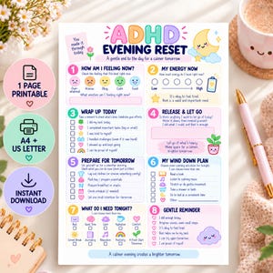 Può includere: Una lista di controllo stampabile per il ripristino serale ADHD con otto sezioni, icone colorate, suggerimenti testuali e caselle di controllo. Il documento include sezioni per sentimenti, livelli di energia, riepilogo giornaliero e piani.