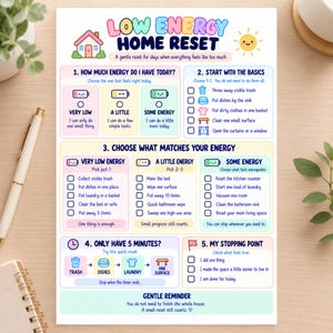 Op de afbeelding: Een Low Energy Home Reset checklist op wit papier. Het document bevat kleurrijke iconen en tekst verdeeld in vijf secties om te helpen bij het beheren van huishoudelijke taken op basis van energieniveaus, inclusief een vriendelijke herinnering.