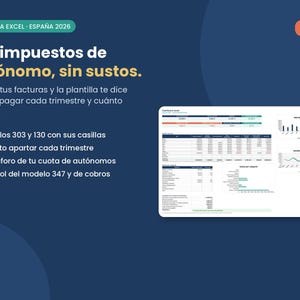 Puede incluir: Plantilla digital de Excel para la gestión de impuestos de autónomos en España 2026. El gráfico azul oscuro incluye texto en blanco, una lista de funciones fiscales y una vista previa de un panel de control con tablas y gráficos.