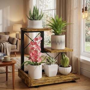 May include: A tiered plant stand with a dark metal frame and rustic brown wooden shelves. It holds five potted plants: a striped succulent, a green leafy plant, a pink orchid, a small succulent, and a round cactus in various pots.