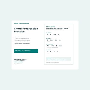Peut inclure: Un guide de pratique quotidienne de guitare en PDF imprimable présentant des exercices de progression d'accords, quatre progressions, des explications sur les fonctions d'accords et un plan de sept sessions en tonalités G, C, Am et D.