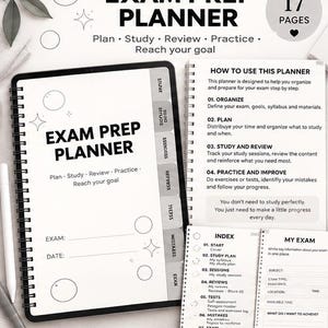 May include: A digital exam prep planner with 17 pages, featuring a black spiral-bound cover with the text EXAM PREP PLANNER, Plan, Study, Review, Practice, Reach your goal. Includes sections for organizing, planning, study sessions, and tracking progress.