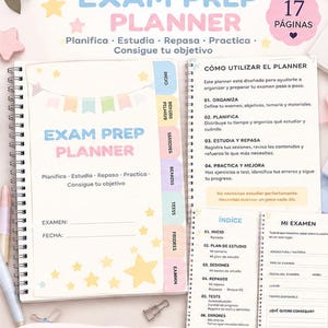 Puede incluir: Un planificador digital de exámenes en español de 17 páginas, con una portada de espiral decorada con estrellas y banderines pastel, pestañas para organizar, planes de estudio, seguimiento de sesiones y detalles de exámenes en un diseño claro.