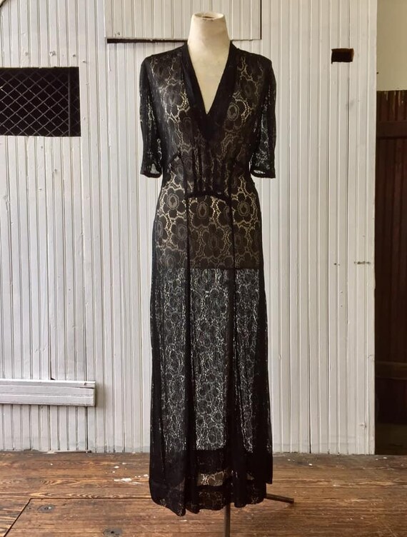 1930s slinky black rayon floral lace gown