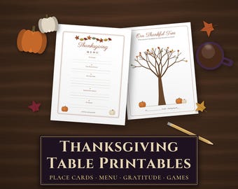 Thanksgiving Printables Kit, Place Cards, Menu, Gratitude Cards, Thankful Tree, Trivia Game, Who's Most Likely To, Editable, Letter & A4