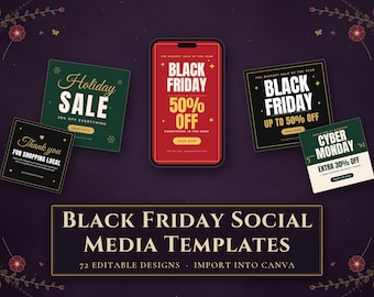 Black Friday Social Media Templates for Canva, Holiday Sale Instagram Post & Story, Cyber Monday, Small Shop Weekend Sale, Etsy Banner