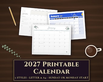 2027 Printable Calendar, Monthly + Year at a Glance, 3 Styles, Minimal, Botanical, Colorful, US Holidays, Letter & A4, Sunday Monday Start