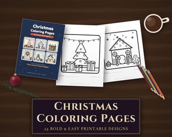 Christmas Coloring Pages Printable PDF, 24 Bold and Easy Cozy Christmas Coloring Sheets for Adults and Kids, Instant Download, Letter & A4