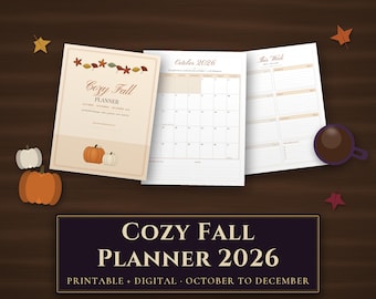 Cozy Fall Planner 2026 Printable, October November December Monthly Weekly Planner, Habit Tracker, Meal Planner, Digital Hyperlinked PDF