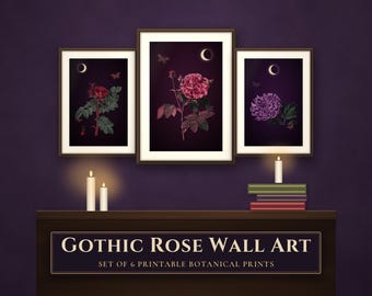 Redouté Gothic Rose Wall Art Set of 6: Printable Moody Botanical Prints, Dark Academia Decor, Vintage Floral with Moth and Moon