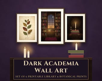 Dark Academia Wall Art Set of 6, Vintage-Style Botanical Print, Moody Library Art, Candle Still Life, Printable Fall Decor, Digital Download