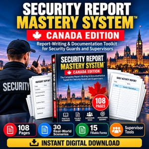 Op de afbeelding: Een Security Report Mastery System Canada Edition boek met een rood esdoornblad en het parlementsgebouw op de kaft. De toolkit bevat 108 pagina's, 30 praktijkscenario's, 15 invulbare formulieren en hulpmiddelen voor beveiligers.