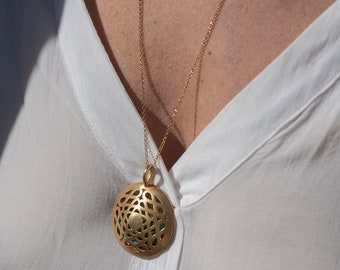 Large Gold Locket, Pentagram Necklace, Large Cage Pendant, Mandala Pendant, Gemstone Locket, Boho Necklace For Women, Gifts For Women