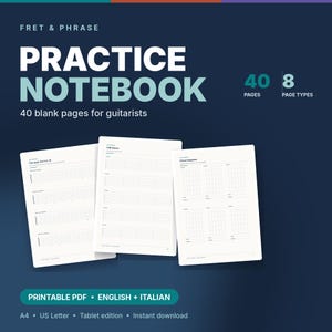 Utskrivbar anteckningsbok för gitarrtabulatur, tomt gitarrtabulaturpapper, ackorddiagram, greppbrädesdiagram, övningsdagbok i PDF-format, A4 US Letter iPad