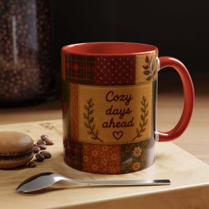 Cozy Days Ahead coffee mug | Autumn patchwork fall leaves plaid 11oz 15oz