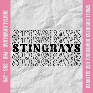 May include: Black and white graphic design of the word "STINGRAYS" repeated multiple times in a retro style.