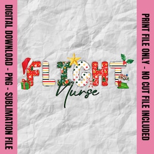 Enfermeira de voo de Natal Png, Doodle Text Enfermeira de voo Png, Camiseta de enfermeira de voo de férias, Sublimação de enfermeira de inverno, Design de enfermeira de Papai Noel
