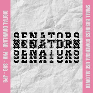 May include: Black and white graphic design with the word "SENATORS" repeated four times in a stacked, distressed font.