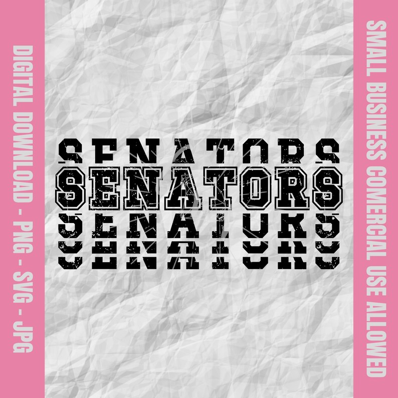K&ouml;nnte beinhalten: Schwarzwei&szlig;es Grafikdesign mit dem Wort "SENATORS", das viermal in einer gestapelten, verwitterten Schriftart wiederholt wird.
