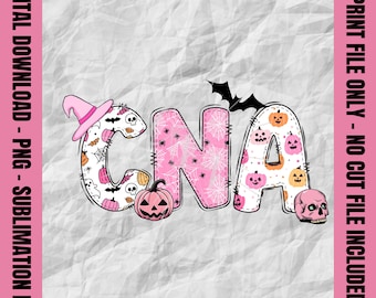 May include: Pink and white "CNA" letters with a Halloween theme. The letters are decorated with pumpkins, bats, spiders, and ghosts.
