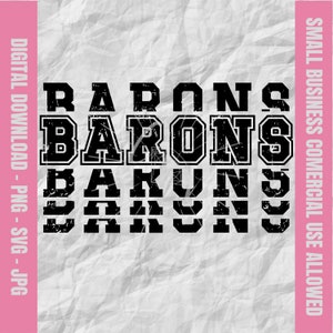 May include: Black and white graphic design with the word "BARONS" repeated four times in a distressed font style.