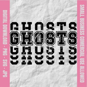 May include: Black and white graphic design of the word "Ghosts" in a distressed, vintage style font. The word is repeated three times, stacked vertically.
