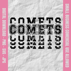 May include: Black and white graphic design with the word "COMETS" repeated multiple times in a distressed font style. The design is on a white background with a crumpled paper texture.
