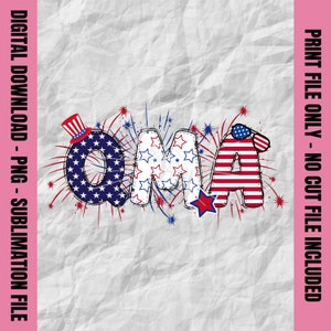 May include: A digital download of a sublimation design featuring the word "QMA" in red, white, and blue with stars and stripes. The letters are decorated with patriotic elements like a top hat and sunglasses.