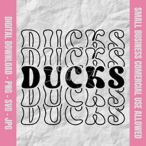 May include: Black and white graphic design of the word "Ducks" in a retro style with a wavy, layered effect.