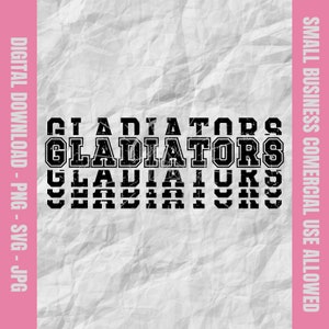 May include: Black and white graphic text design with the word "GLADIATORS" repeated multiple times. The text has a distressed, vintage look.