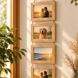 Op de afbeelding: Een verticale wandhanger met vier rechthoekige licht houten lijsten verbonden door een natuurlijk touw. Elke lijst bevat een andere foto, waaronder afbeeldingen van een stel bij zonsondergang, een golden retriever en een strandlandschap.