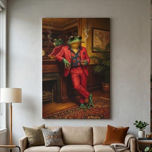 Frog In Red Suit Canvas Print, Funny Animal Wall Art, Smoking Frog Painting, Quirky Man Cave Decor, Dark Academia Lounge Wall Decor