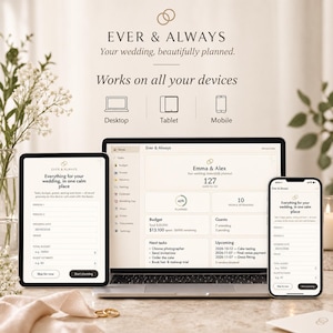 Può includere: Un'interfaccia software per l'organizzazione di matrimoni intitolata Ever & Always visualizzata su un computer portatile, un tablet e uno smartphone. Lo schermo mostra una dashboard con funzioni di monitoraggio di budget, ospiti e attività.