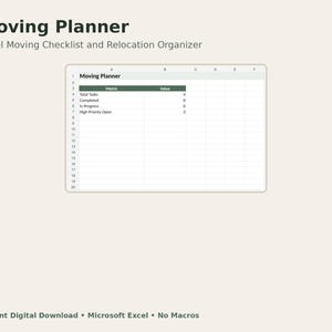 Op de afbeelding: Een digitale verhuisplanner Excel-spreadsheet met een checklist en verhuisorganisator. De interface toont een tabel met statistieken zoals Total Tasks, Completed, In Progress en High Priority Open. De tekst onderaan luidt Instant Digital Download, Microsoft Excel, No Macros.