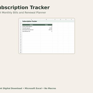 May include: A digital spreadsheet titled Subscription Tracker Excel Monthly Bills and Renewal Planner. The table displays metrics including Active Subscriptions, Monthly Spend, Estimated Annual Cost, and Auto Renew On with numerical data values.