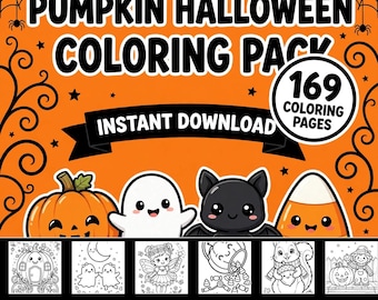 169 Pumpkin Halloween Coloring Pages Kids, Kawaii Spooky Cute Ghost Bat Witch Activity Book, Printable Mega Bundle PDF Instant Download