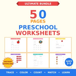 K&ouml;nnte beinhalten: Ein digitales Paket mit 50 Vorschularbeitsbl&auml;ttern, die p&auml;dagogische Aktivit&auml;ten wie Nachspuren, Ausmalen, Z&auml;hlen und Zuordnen enthalten. Der Text lautet Ultimate Bundle, 50 Pages Preschool Worksheets, Instant Download, Ages 3-5.