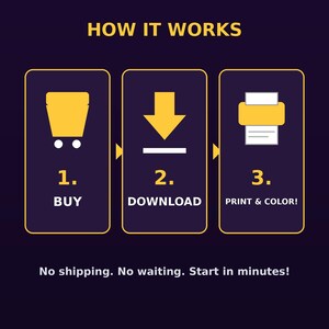 How it works: buy, download, print — easy instant download Halloween coloring pack steps