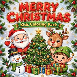Puede incluir: Una portada de paquete de colorear para ni&ntilde;os Merry Christmas con un Santa Claus sonriente, un mu&ntilde;eco de nieve con bufanda verde, un reno y un elfo sosteniendo regalos alrededor de un &aacute;rbol de Navidad decorado, rodeado de ramas de pino y acebo.