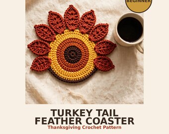 Thanksgiving Turkey Feather Coaster Pattern, Learn Fall Table Decor for Beginners, Easy Crochet PDF Harvest Gift Idea