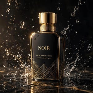 Puede incluir: Un frasco de perfume rectangular de cristal negro con tap&oacute;n dorado y detalles geom&eacute;tricos dorados en la base. El frasco lleva la etiqueta NOIR EAU DE PARFUM 100 ML LUXE COLLECTION PARIS y est&aacute; rodeado de salpicaduras de agua.