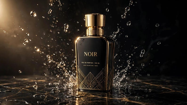 Puede incluir: Un frasco de perfume rectangular de cristal negro con tap&oacute;n dorado y detalles geom&eacute;tricos dorados en la base. El frasco lleva la etiqueta NOIR EAU DE PARFUM 100 ML LUXE COLLECTION PARIS y est&aacute; rodeado de salpicaduras de agua.