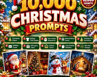 Christmas AI Art Prompts, 10000 Festive Prompts, Midjourney Christmas Prompts, Santa Reindeer Snowman Art, Holiday AI Image Prompts