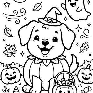 Cute puppy in witch hat with pumpkins — printable Halloween dog coloring page for kids