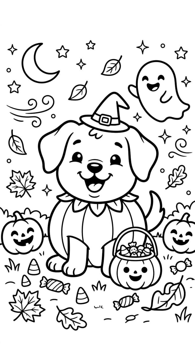 Cute puppy in witch hat with pumpkins — printable Halloween dog coloring page for kids
