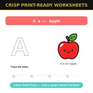 K&ouml;nnte beinhalten: Ein druckbares Arbeitsblatt mit dem Text CRISP PRINT-READY WORKSHEETS oben. Es zeigt den Buchstaben A, einen gestrichelten Buchstaben A zum Nachspuren und eine rote Apfel-Illustration mit Gesicht. Der Text umfasst A a - Apple, A is for Apple, Trace the letter und Clean bold lines - every page hand-checked.