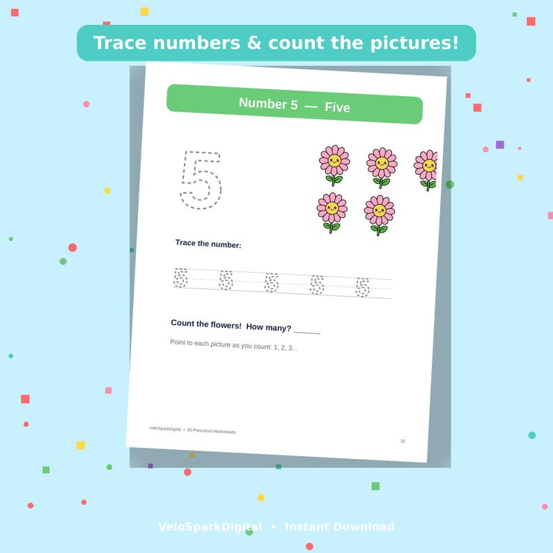 K&ouml;nnte beinhalten: Ein Vorschularbeitsblatt mit dem Titel Trace numbers & count the pictures! zum Thema Zahl 5. Es enth&auml;lt eine gro&szlig;e gestrichelte 5, f&uuml;nf rosa Blumenillustrationen mit Gesichtern und einen Bereich zum Nachspuren der Zahl 5.