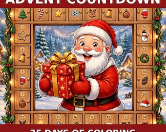 Puede incluir: Un calendario de Adviento con el texto ADVENT COUNTDOWN y 25 DAYS OF COLORING. El marco de madera presenta cajones numerados decorados con iconos navideños, rodeando una ilustración central de Santa Claus con un regalo rojo.