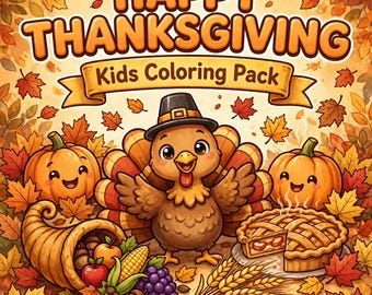 70 pagina's tellend kleurpakket voor kinderen met Thanksgiving-thema, kalkoen, herfst en stickers (digitale download)